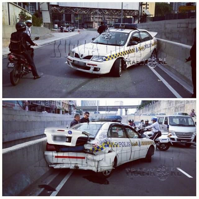 昨天一辆警察巡逻车在经过Jalan Pudu(Time Square前)地洞时被一辆Volkswagen Polo直撞车尾