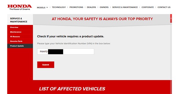 教你如何检查你的Honda车款是否在召回名单中！