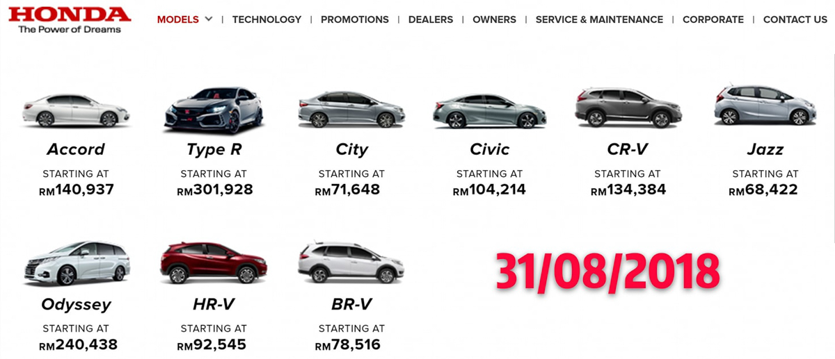 SST 时代来临! Honda Malaysia 官网更新部分新车价格!