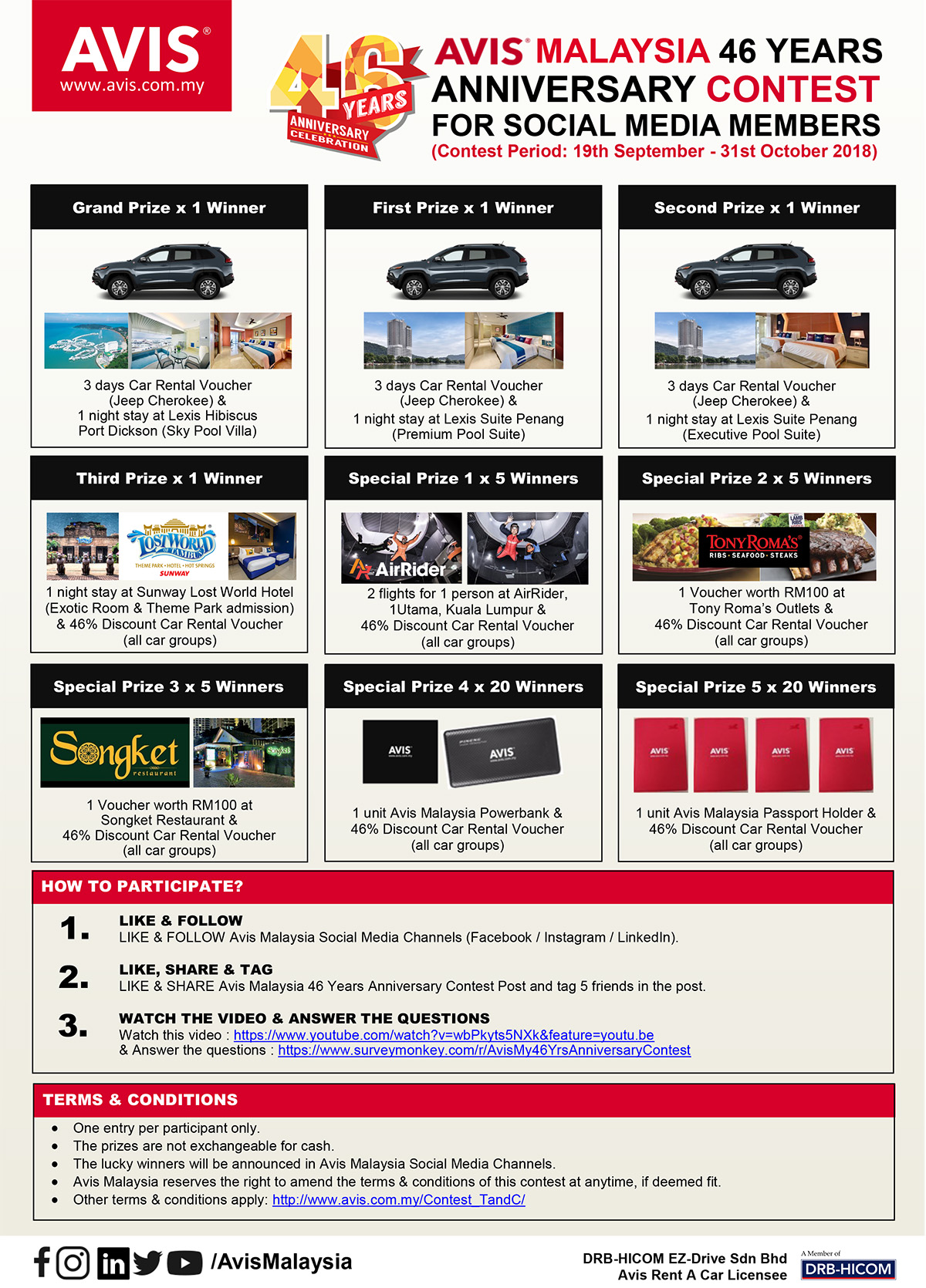 欢庆成立46周年， Avis Malaysia 提供 46% 折扣及周年大赛！