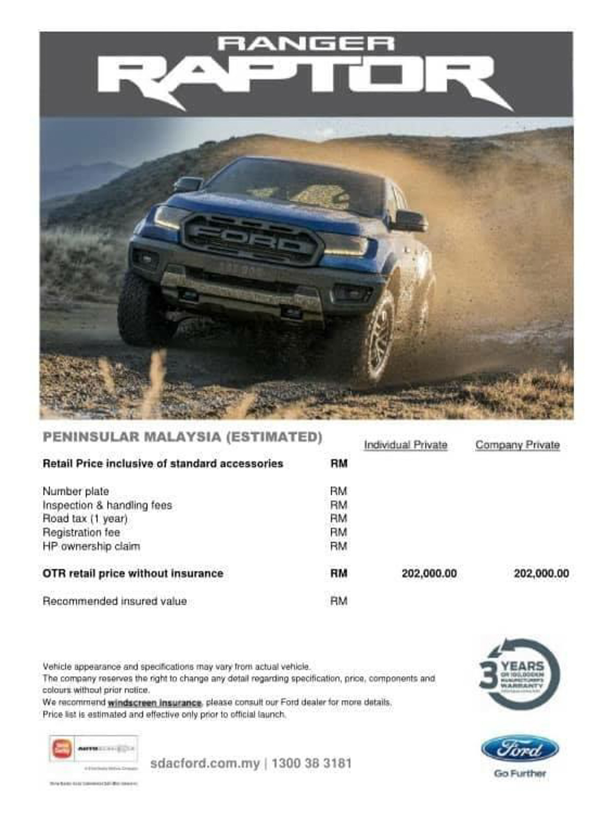 Ford Ranger Raptor 预售价曝光，开价 RM 202,000 ？