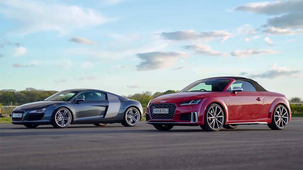 家族大比拼，Audi TTS 挑战大哥 Audi R8 ，谁会是赢家。