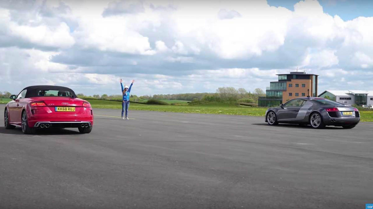 家族大比拼，Audi TTS 挑战大哥 Audi R8，谁会是赢家。