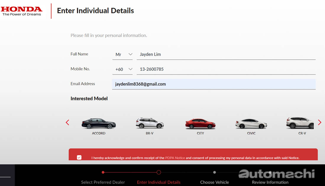 Honda New Car Pre-Booking