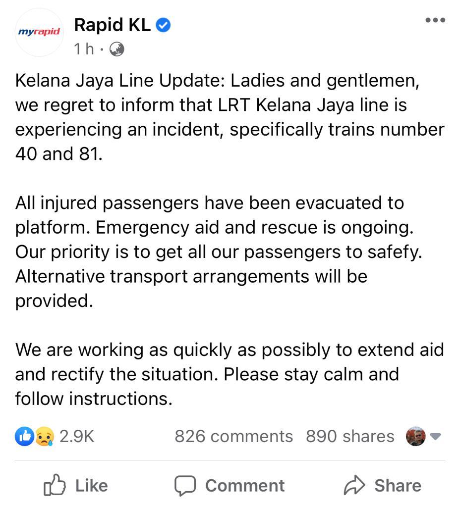 Kelana Jaya Line LRT 相撞，47人受重伤！