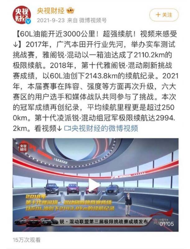 Honda i-MMD 技术在中国创下满缸燃油行驶2,994.2公里的记录!